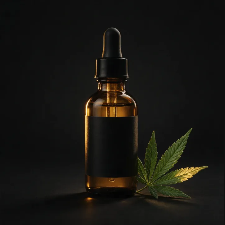 CBD tincture bottle with hemp leaf