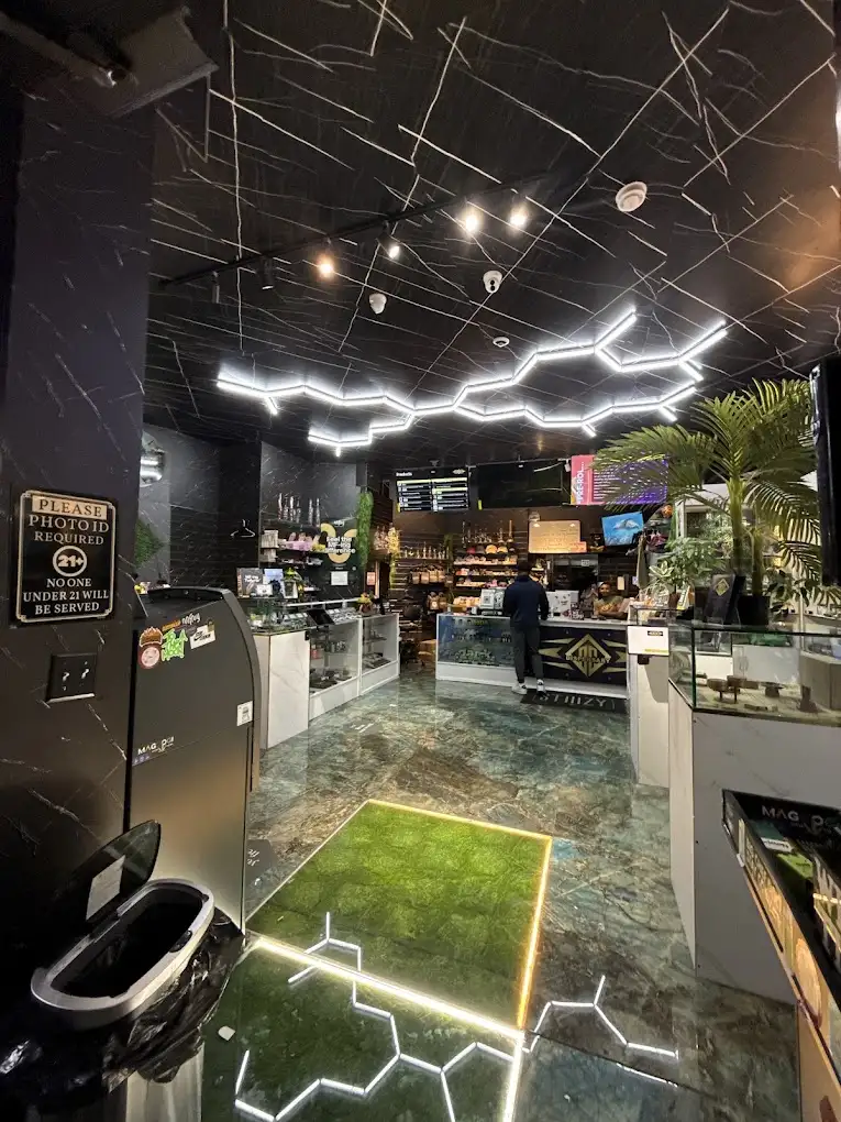Modern shop interior with black marble walls, neon zigzag ceiling lights, and a glass display counter along the left wall.