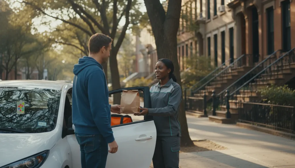 OC Dispensary delivery driver handing a cannabis order to a Brooklyn resident at the door