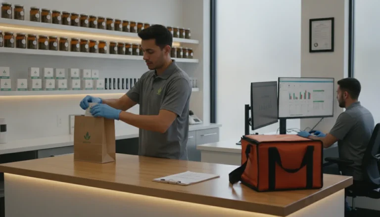 OC Dispensary cannabis delivery driver handing sealed order to Brooklyn resident at front door