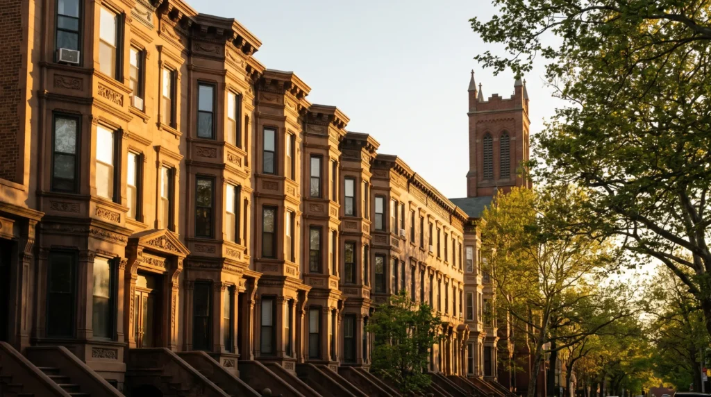 Weed delivery in Bed-Stuy, Brooklyn: ornate Stuyvesant Heights brownstones in low golden light