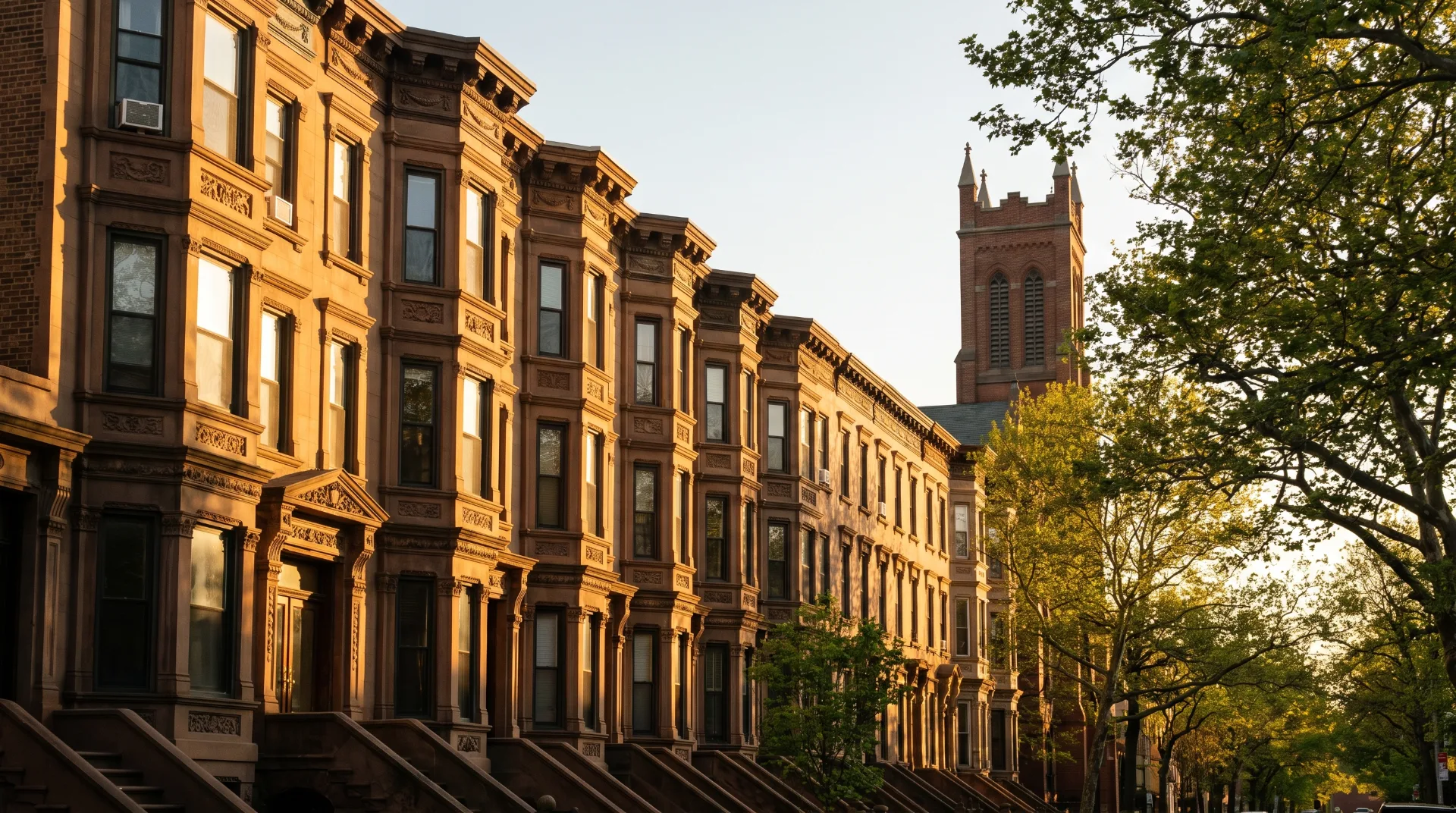 Weed delivery in Bed-Stuy, Brooklyn: ornate Stuyvesant Heights brownstones in low golden light