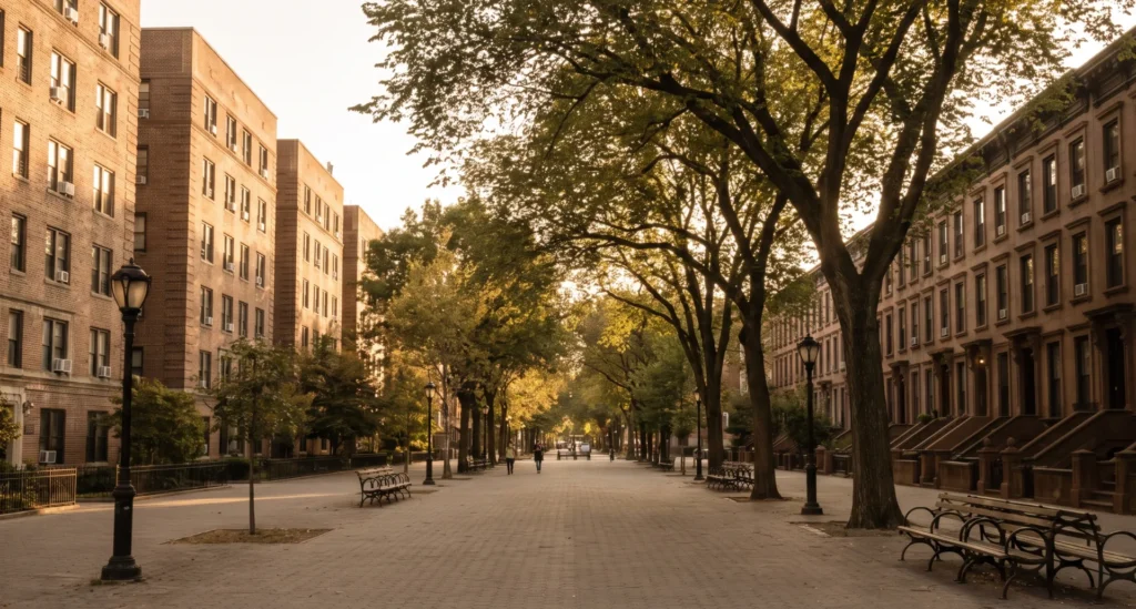 Weed delivery in Crown Heights, Brooklyn: the tree-lined Eastern Parkway mall at golden hour