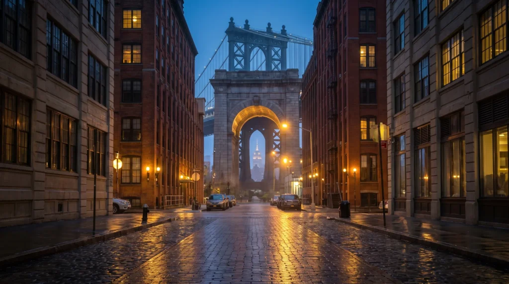 Weed delivery in Downtown Brooklyn: the Manhattan Bridge seen from a DUMBO cobblestone street at blue hour