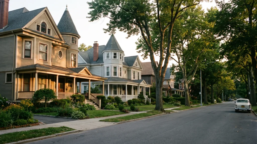 Weed delivery in Flatbush, Brooklyn: Victorian houses with porches on a Ditmas Park street at golden hour