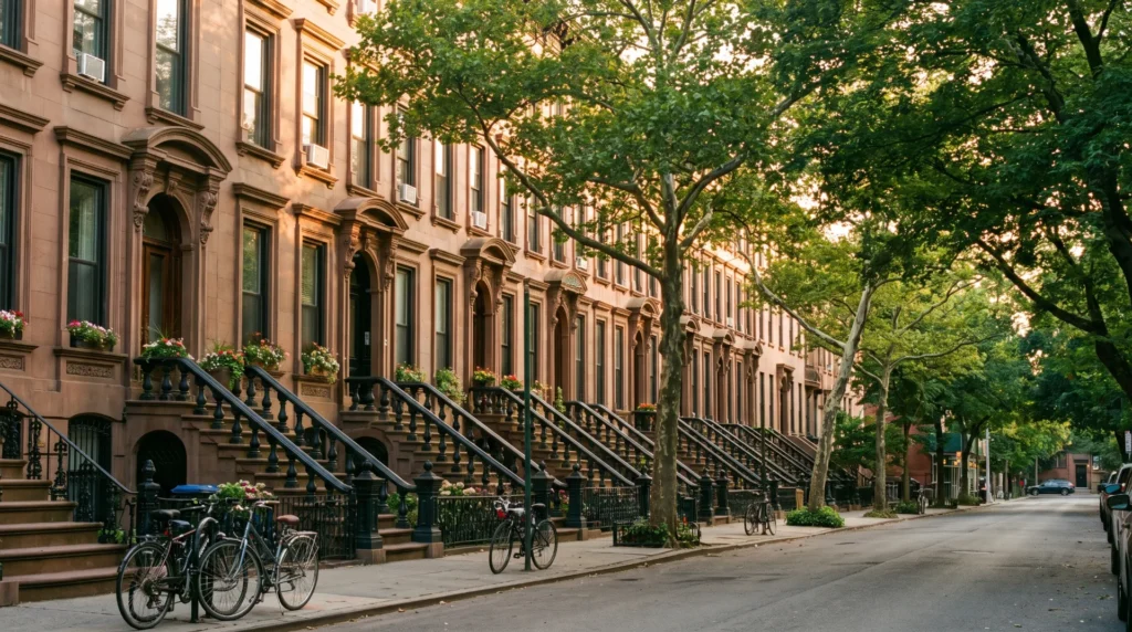 Weed delivery in Park Slope, Brooklyn: brownstone stoops under street trees on a summer evening