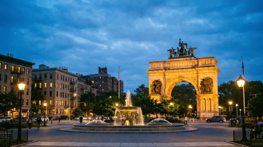 Weed delivery in Prospect Heights, Brooklyn: the Grand Army Plaza arch and fountain at dusk