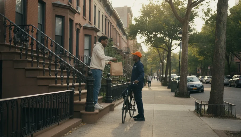 OC Dispensary cannabis delivery bag on a Crown Heights Brooklyn doorstep