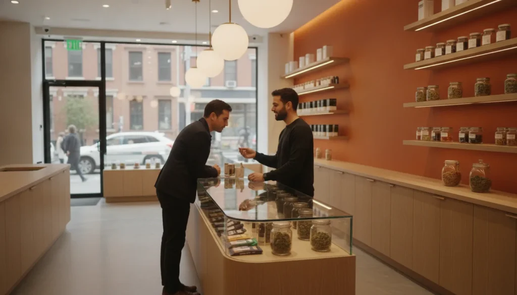 OC Dispensary budtender assisting a Bensonhurst customer with cannabis product selection